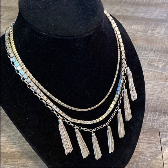 Silver Tassel Statement Necklace - Layered Boho 90s Y2K Holiday Glam - Picture 3 of 6